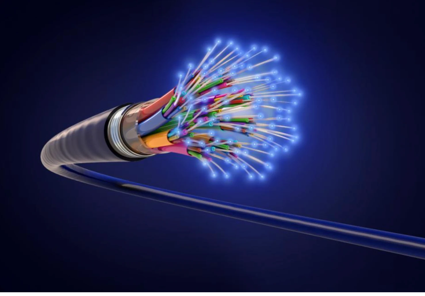 Cabo de fibra óptica com filamentos iluminados em azul